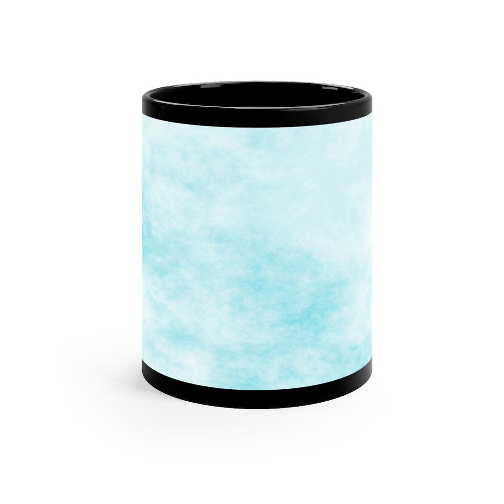 A stylish 11oz black ceramic mug featuring blue cloud designs, perfect for coffee, tea, or hot chocolate.