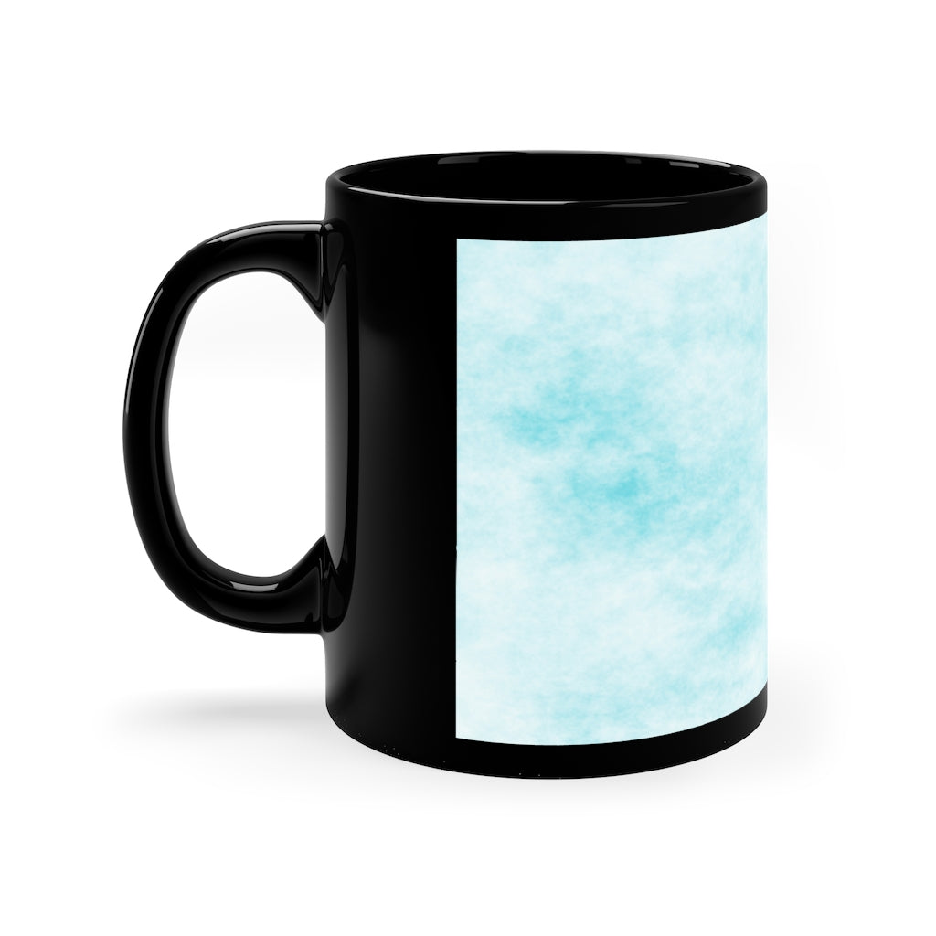 A stylish 11oz black ceramic mug featuring blue cloud designs, perfect for coffee, tea, or hot chocolate.