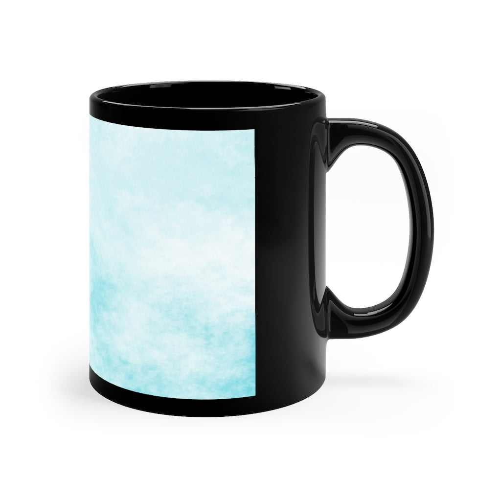 A stylish 11oz black ceramic mug featuring blue cloud designs, perfect for coffee, tea, or hot chocolate.