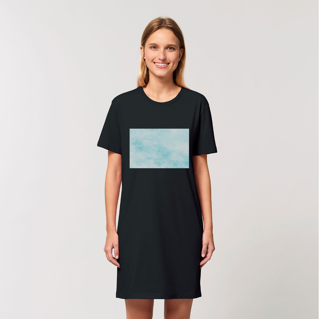 Blue Clouds Organic T-Shirt Dress made from 100% organic cotton, featuring a soft-hand feel and stylish design.