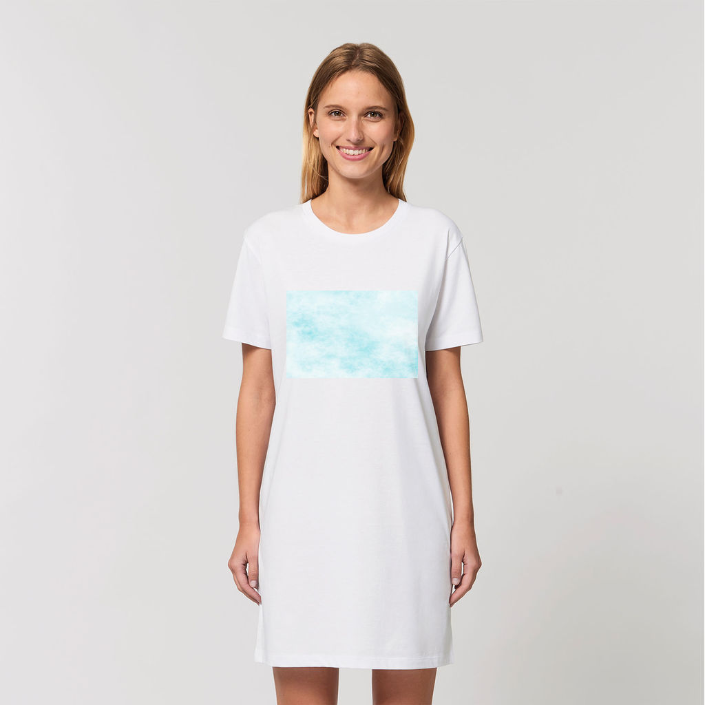 Blue Clouds Organic T-Shirt Dress made from 100% organic cotton, featuring a soft-hand feel and stylish design.