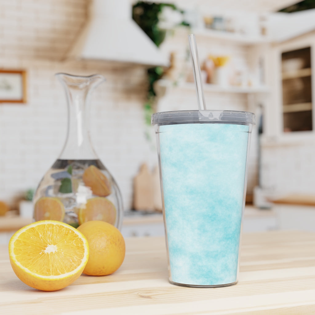 Blue Clouds Plastic Tumbler with Straw, featuring a vibrant blue cloud design and a lid with a reusable straw.