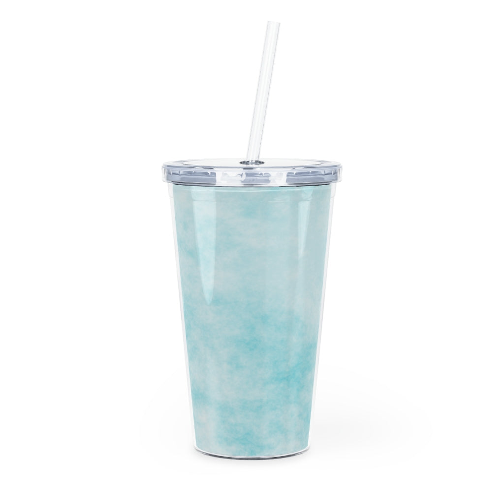 Blue Clouds Plastic Tumbler with Straw, featuring a vibrant blue cloud design and a lid with a reusable straw.