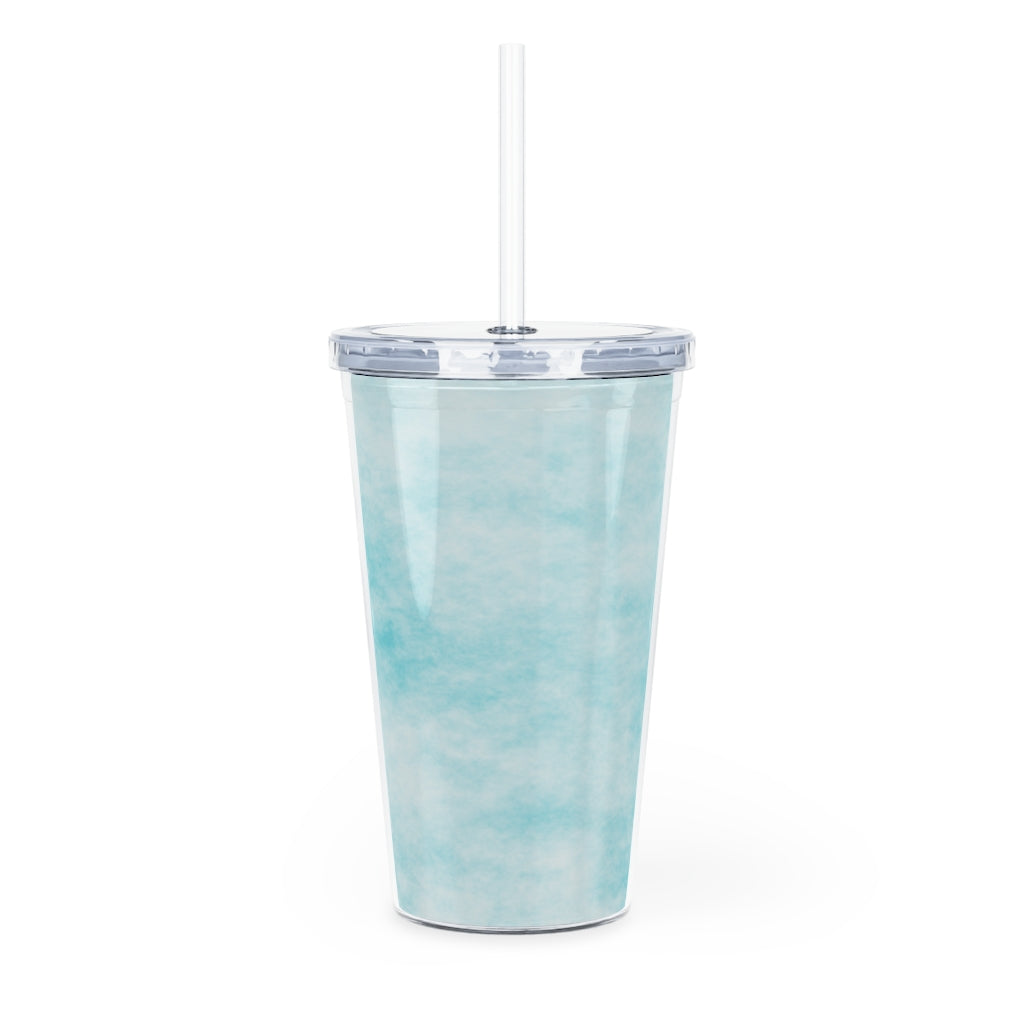 Blue Clouds Plastic Tumbler with Straw, featuring a vibrant blue cloud design and a lid with a reusable straw.