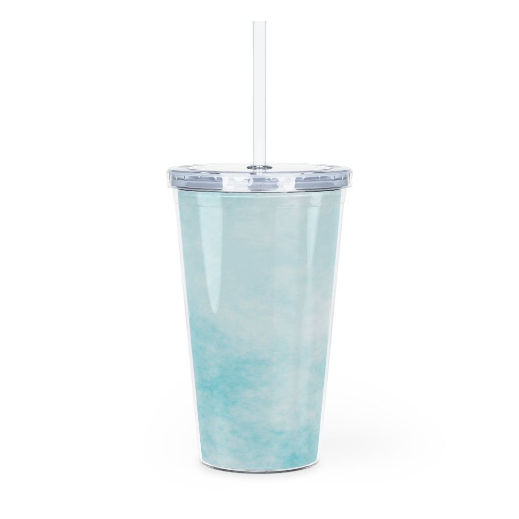 Blue Clouds Plastic Tumbler with Straw, featuring a vibrant blue cloud design and a lid with a reusable straw.