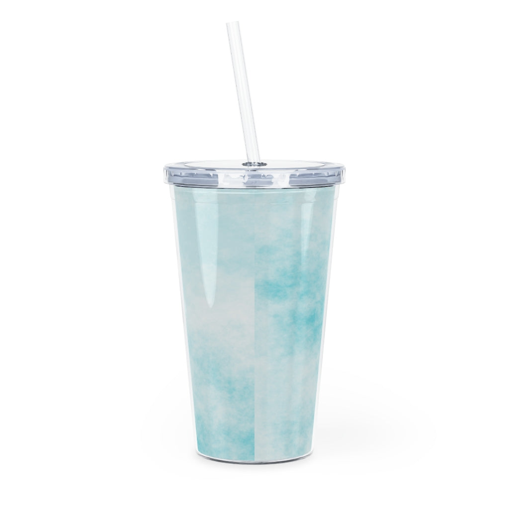 Blue Clouds Plastic Tumbler with Straw, featuring a vibrant blue cloud design and a lid with a reusable straw.