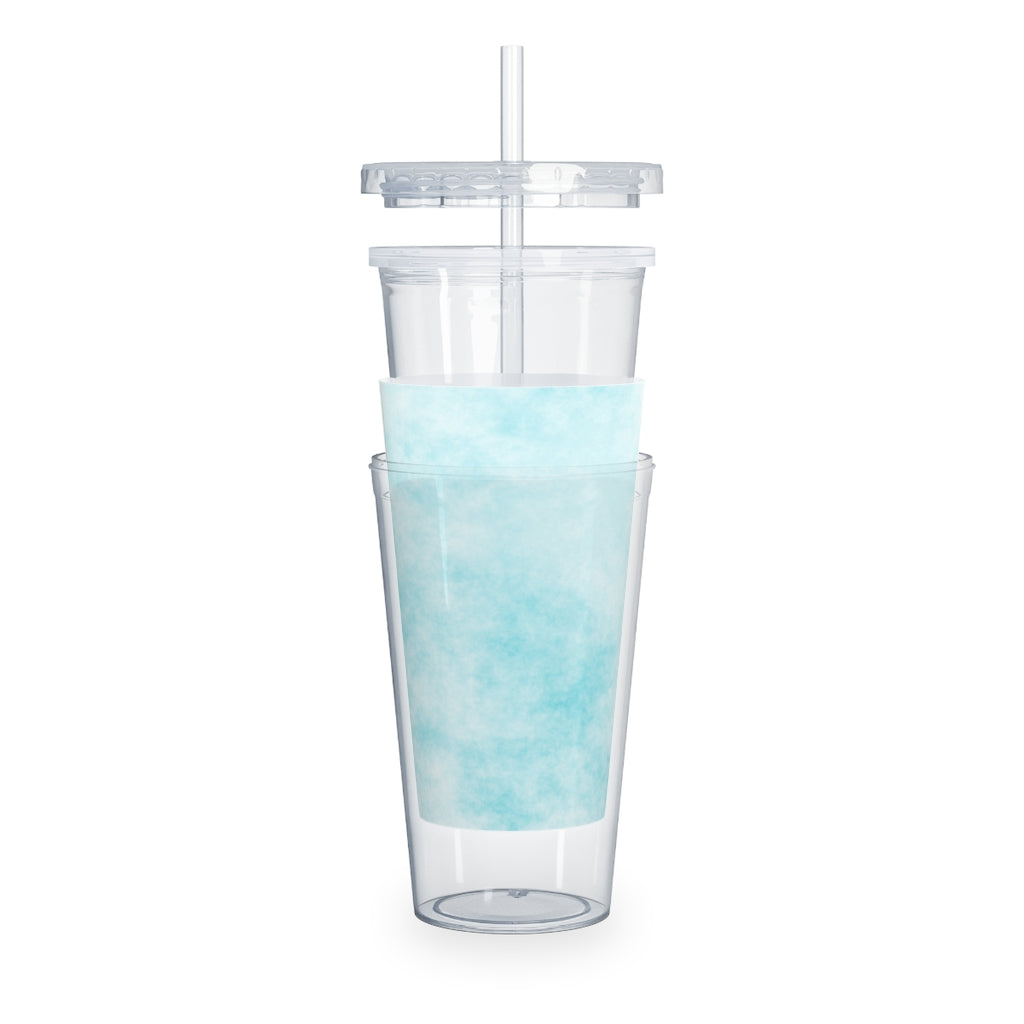 Blue Clouds Plastic Tumbler with Straw, featuring a vibrant blue cloud design and a lid with a reusable straw.