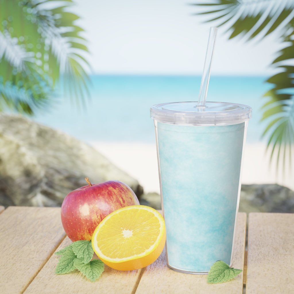 Blue Clouds Plastic Tumbler with Straw, featuring a vibrant blue cloud design and a lid with a reusable straw.