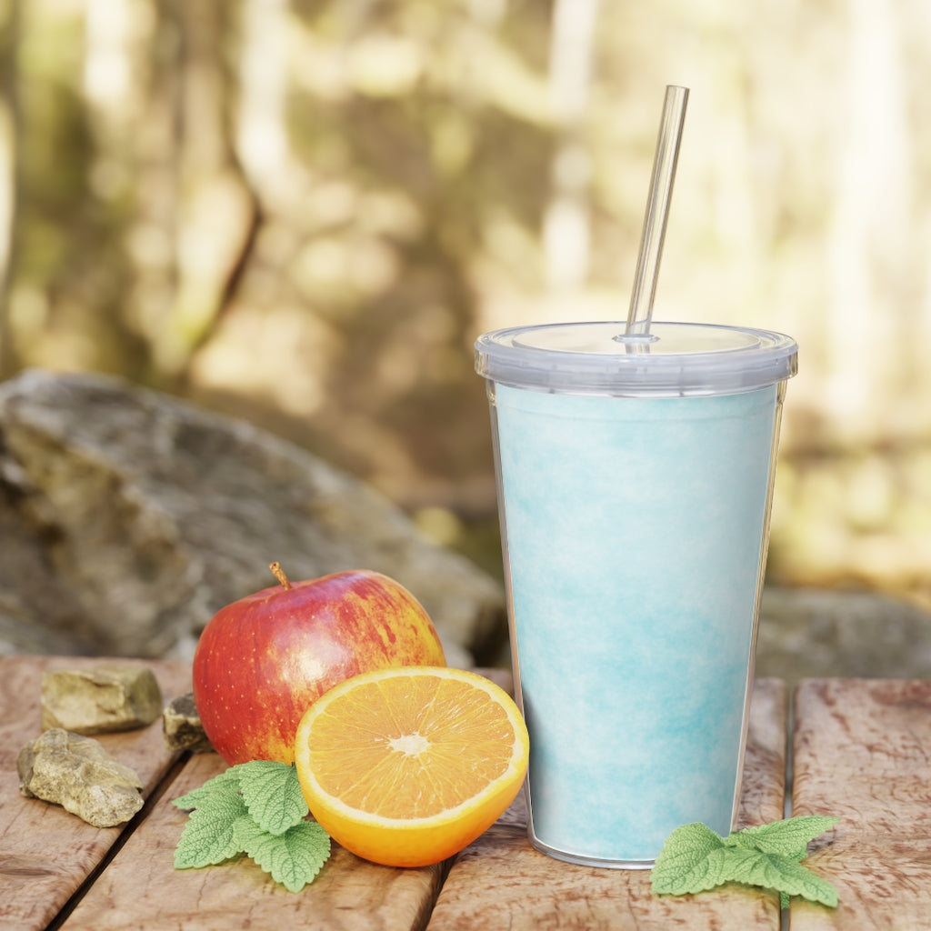 Blue Clouds Plastic Tumbler with Straw, featuring a vibrant blue cloud design and a lid with a reusable straw.