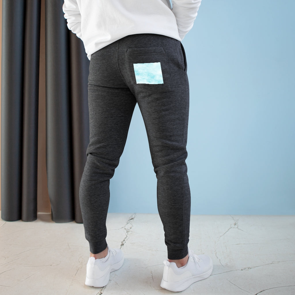 Blue Clouds Premium Fleece Joggers featuring a customizable back pocket and two side pockets, made from soft fleece fabric.