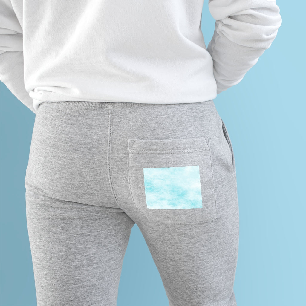 Blue Clouds Premium Fleece Joggers featuring a customizable back pocket and two side pockets, made from soft fleece fabric.