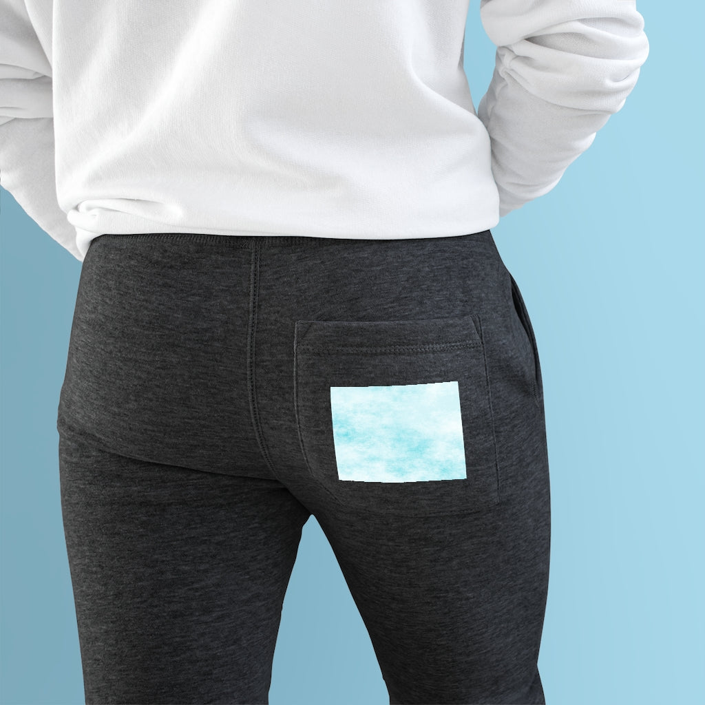 Blue Clouds Premium Fleece Joggers featuring a customizable back pocket and two side pockets, made from soft fleece fabric.