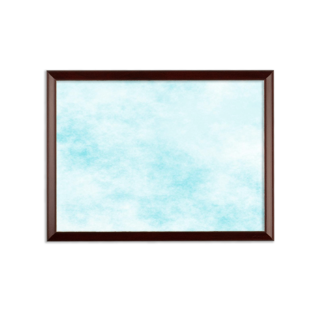 Blue Clouds Sublimation Wall Plaque with brown wooden frame and white printable surface, showcasing customizable design options.