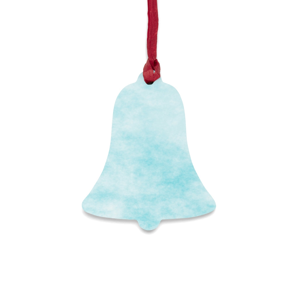 A collection of Blue Clouds Wooden Christmas Ornaments in various whimsical shapes, featuring a rustic wood finish and red ribbons for hanging.