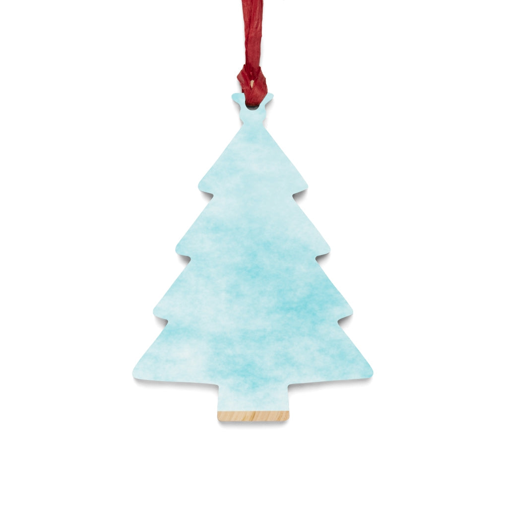 A collection of Blue Clouds Wooden Christmas Ornaments in various whimsical shapes, featuring a rustic wood finish and red ribbons for hanging.