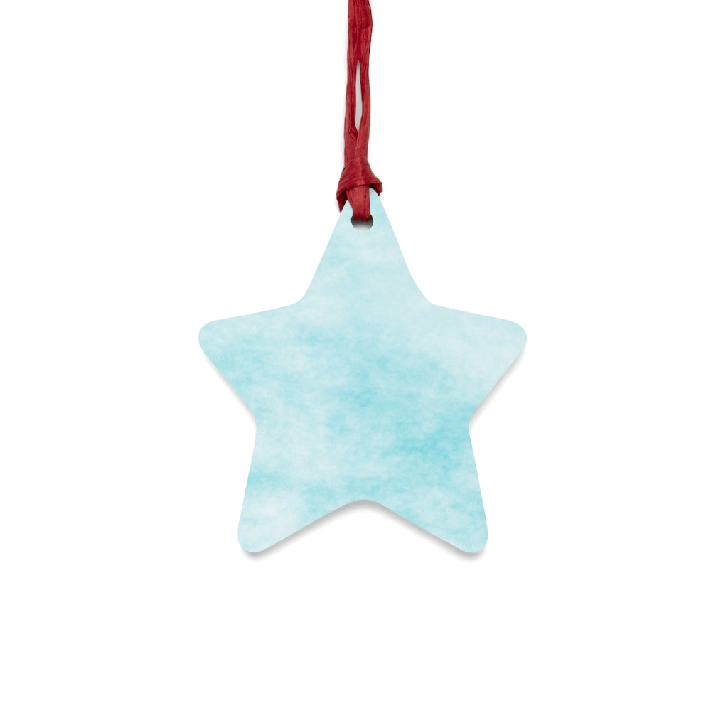 A collection of Blue Clouds Wooden Christmas Ornaments in various whimsical shapes, featuring a rustic wood finish and red ribbons for hanging.