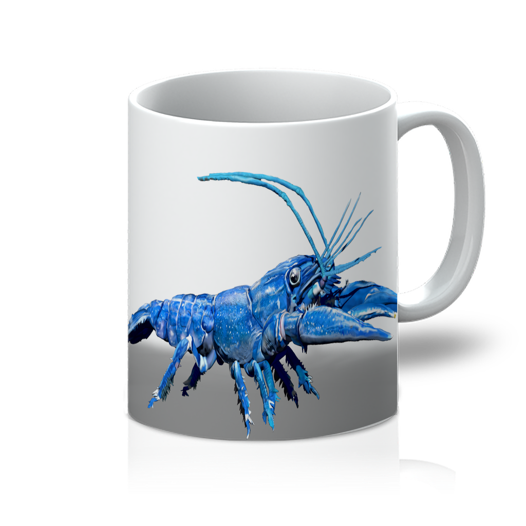 Blue Crawfish 11oz Mug with vibrant design and flawless white surface, perfect for beverages.