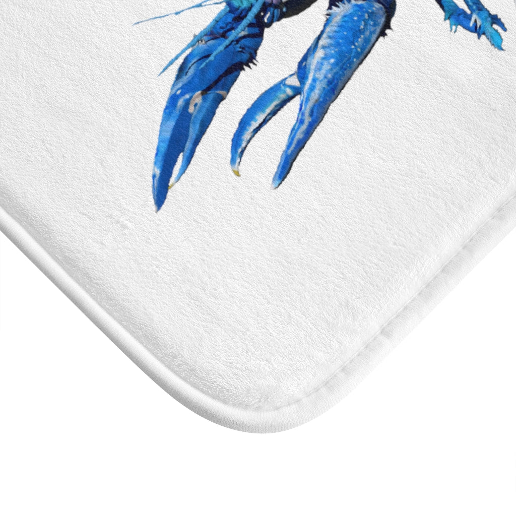 Blue Crawfish Bath Mat with anti-slip backing and vibrant design, perfect for bathroom decor.