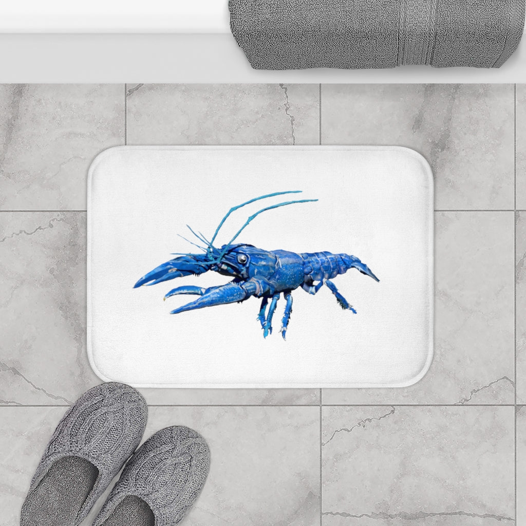 Blue Crawfish Bath Mat with anti-slip backing and vibrant design, perfect for bathroom decor.