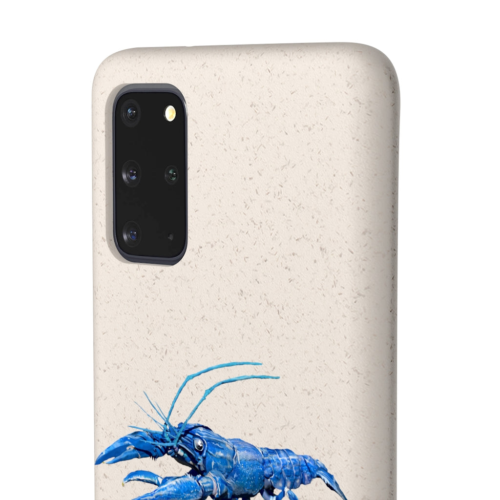 Blue Crawfish Biodegradable Phone Case made from plant-based materials, featuring a slim design and precise cutouts for connectivity.