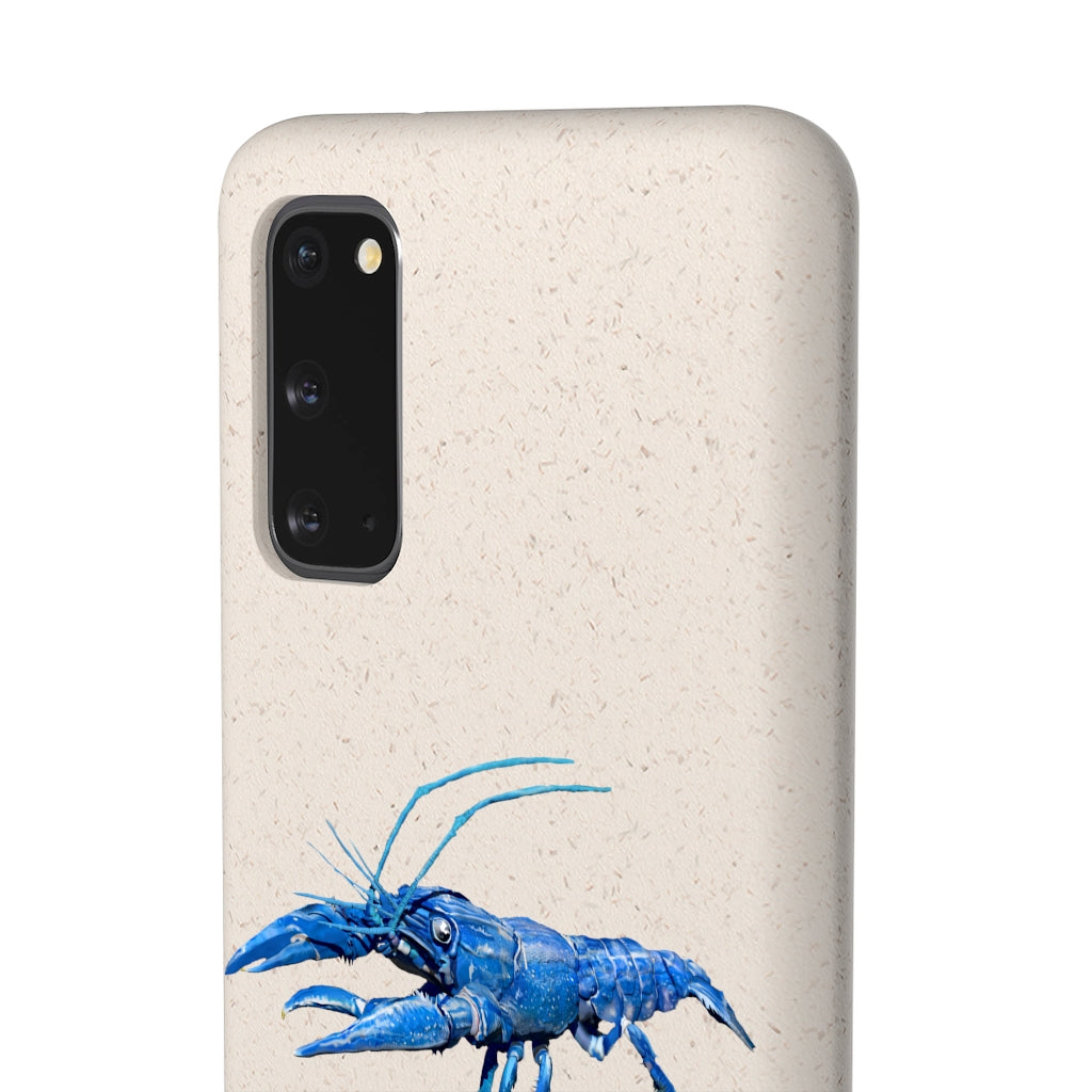 Blue Crawfish Biodegradable Phone Case made from plant-based materials, featuring a slim design and precise cutouts for connectivity.