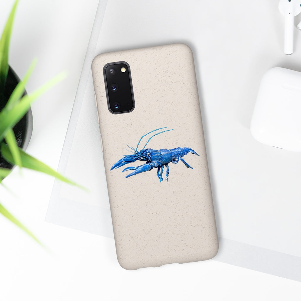 Blue Crawfish Biodegradable Phone Case made from plant-based materials, featuring a slim design and precise cutouts for connectivity.