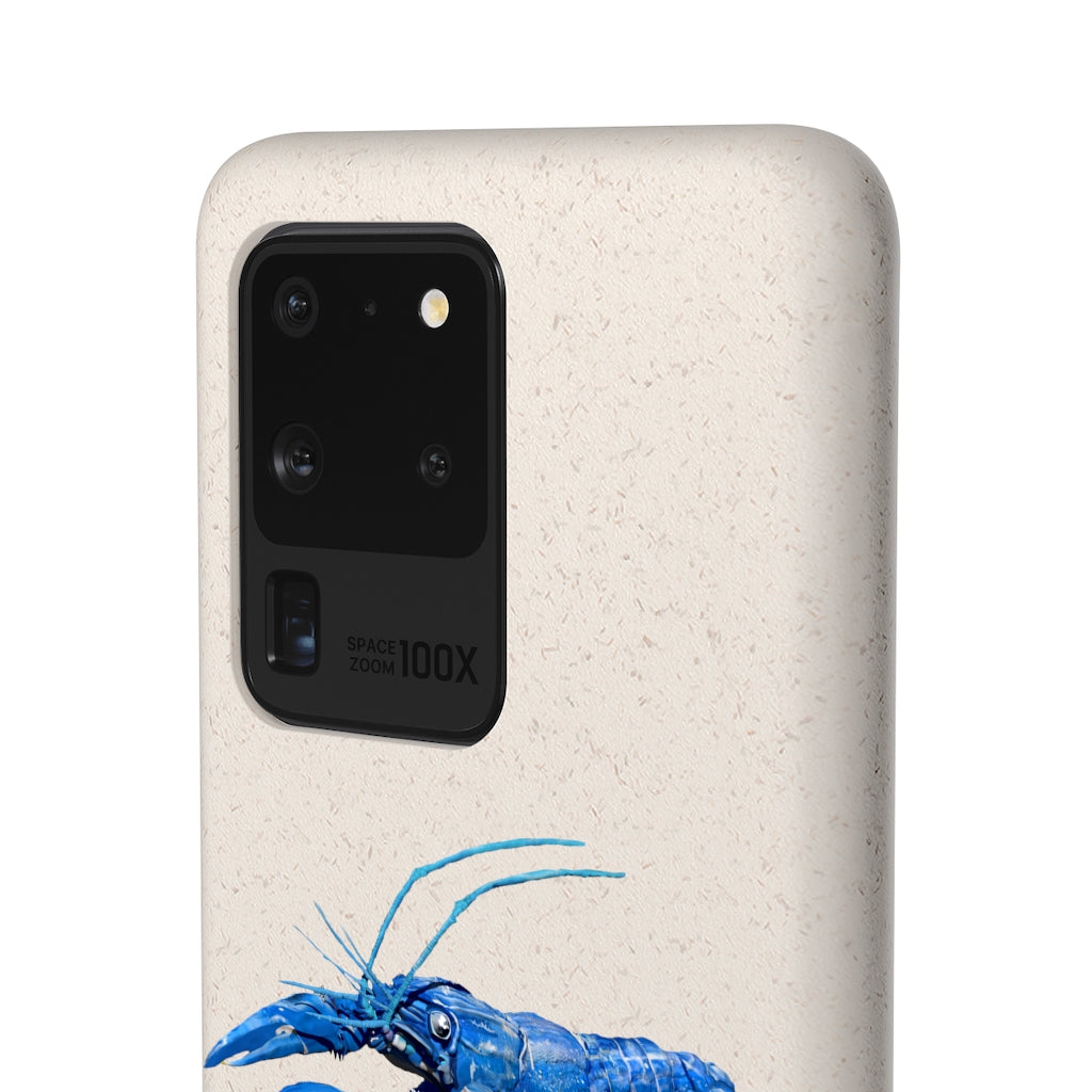 Blue Crawfish Biodegradable Phone Case made from plant-based materials, featuring a slim design and precise cutouts for connectivity.