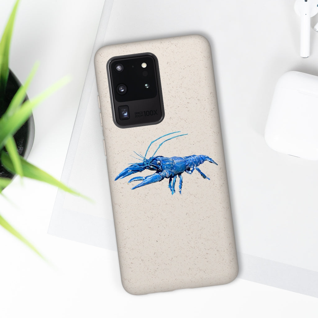 Blue Crawfish Biodegradable Phone Case made from plant-based materials, featuring a slim design and precise cutouts for connectivity.