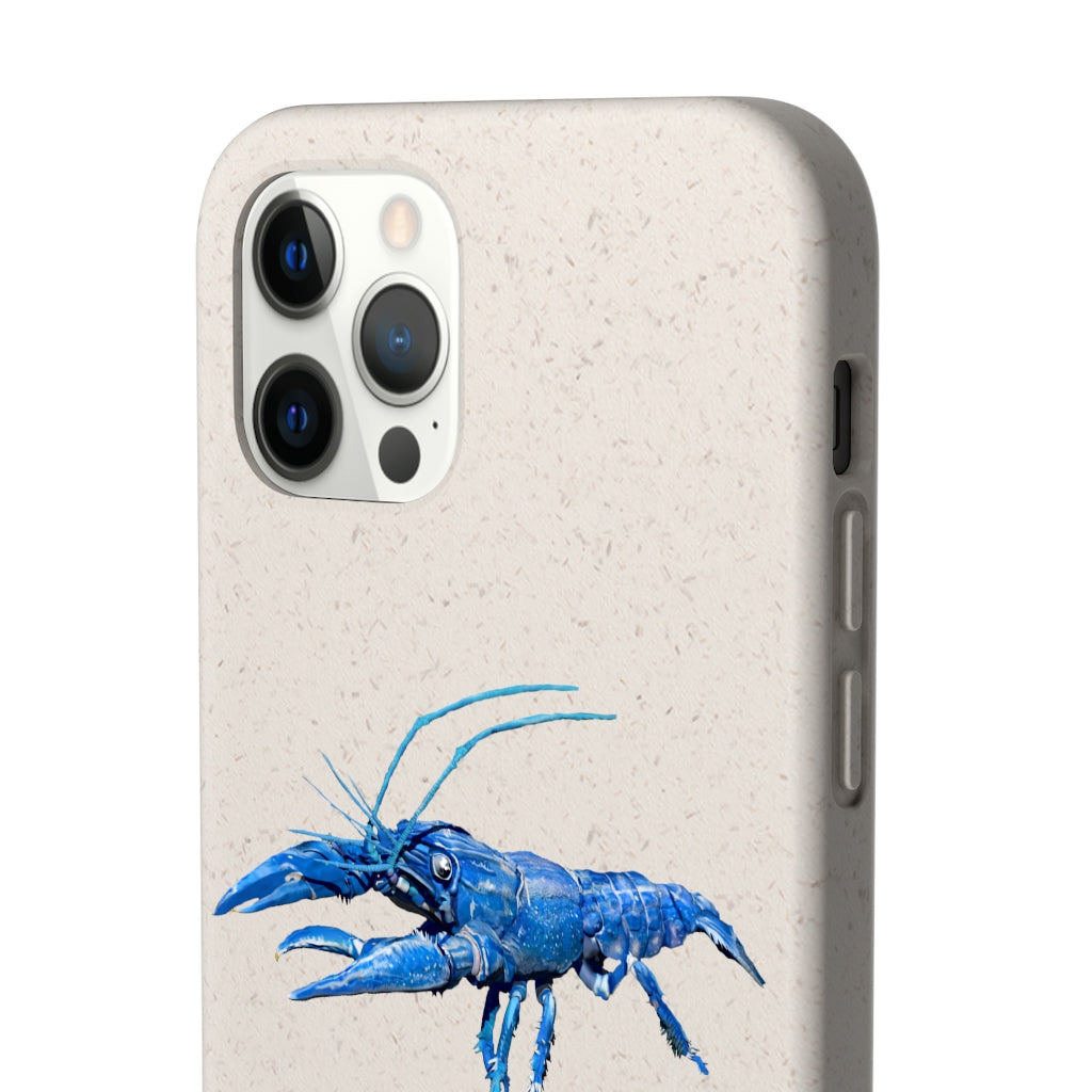 Blue Crawfish Biodegradable Phone Case made from plant-based materials, featuring a slim design and precise cutouts for connectivity.