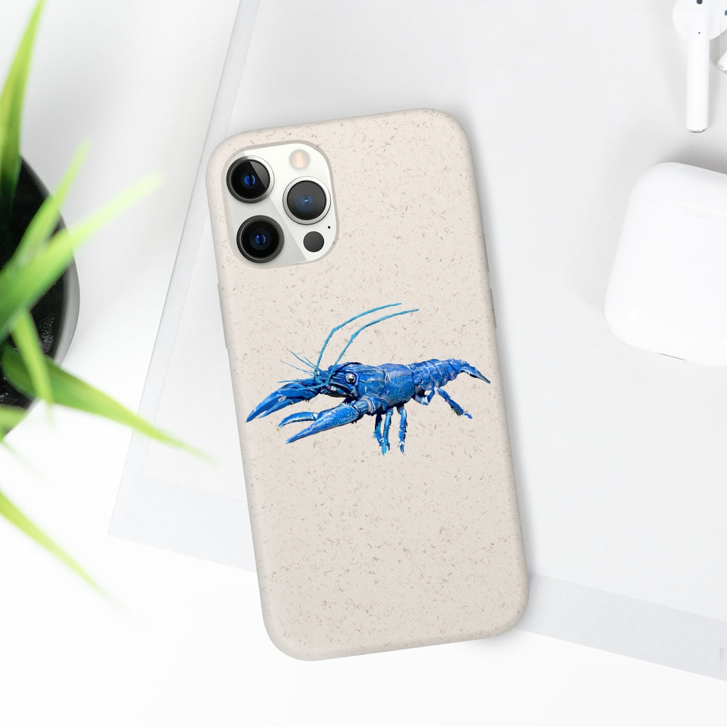 Blue Crawfish Biodegradable Phone Case made from plant-based materials, featuring a slim design and precise cutouts for connectivity.