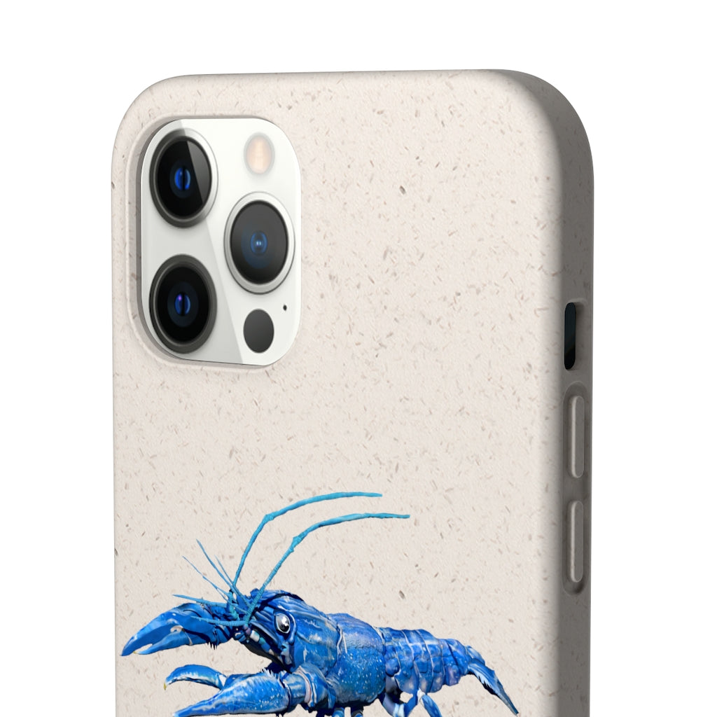 Blue Crawfish Biodegradable Phone Case made from plant-based materials, featuring a slim design and precise cutouts for connectivity.