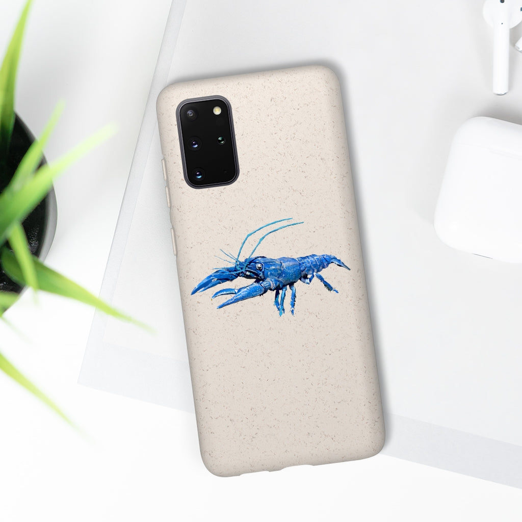 Blue Crawfish Biodegradable Phone Case made from plant-based materials, featuring a slim design and precise cutouts for connectivity.