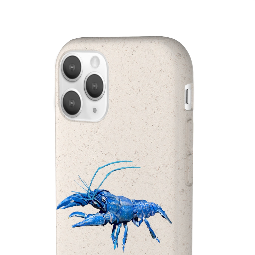 Blue Crawfish Biodegradable Phone Case made from plant-based materials, featuring a slim design and precise cutouts for connectivity.