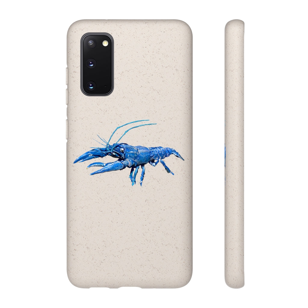 Blue Crawfish Biodegradable Phone Case made from plant-based materials, featuring a slim design and precise cutouts for connectivity.