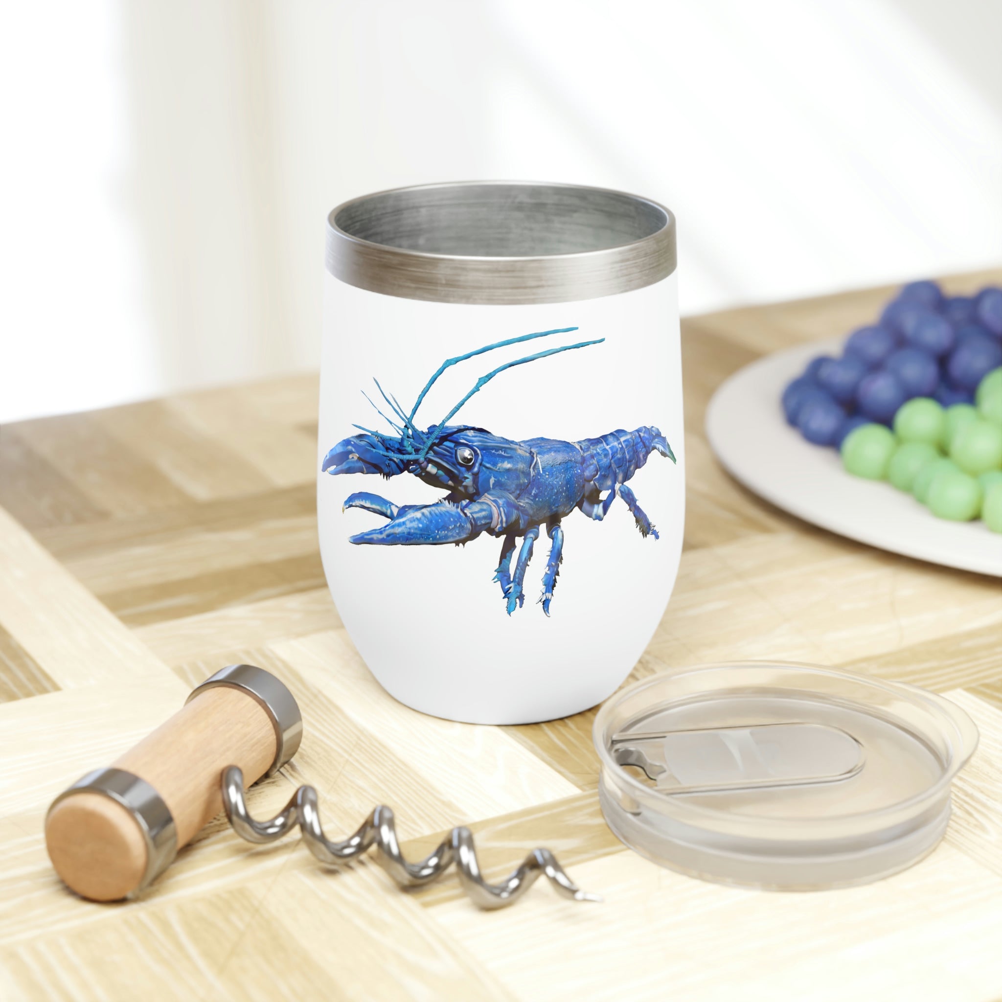 Blue Crawfish Chill Wine Tumbler with double-insulated walls, stainless steel, and customizable design.