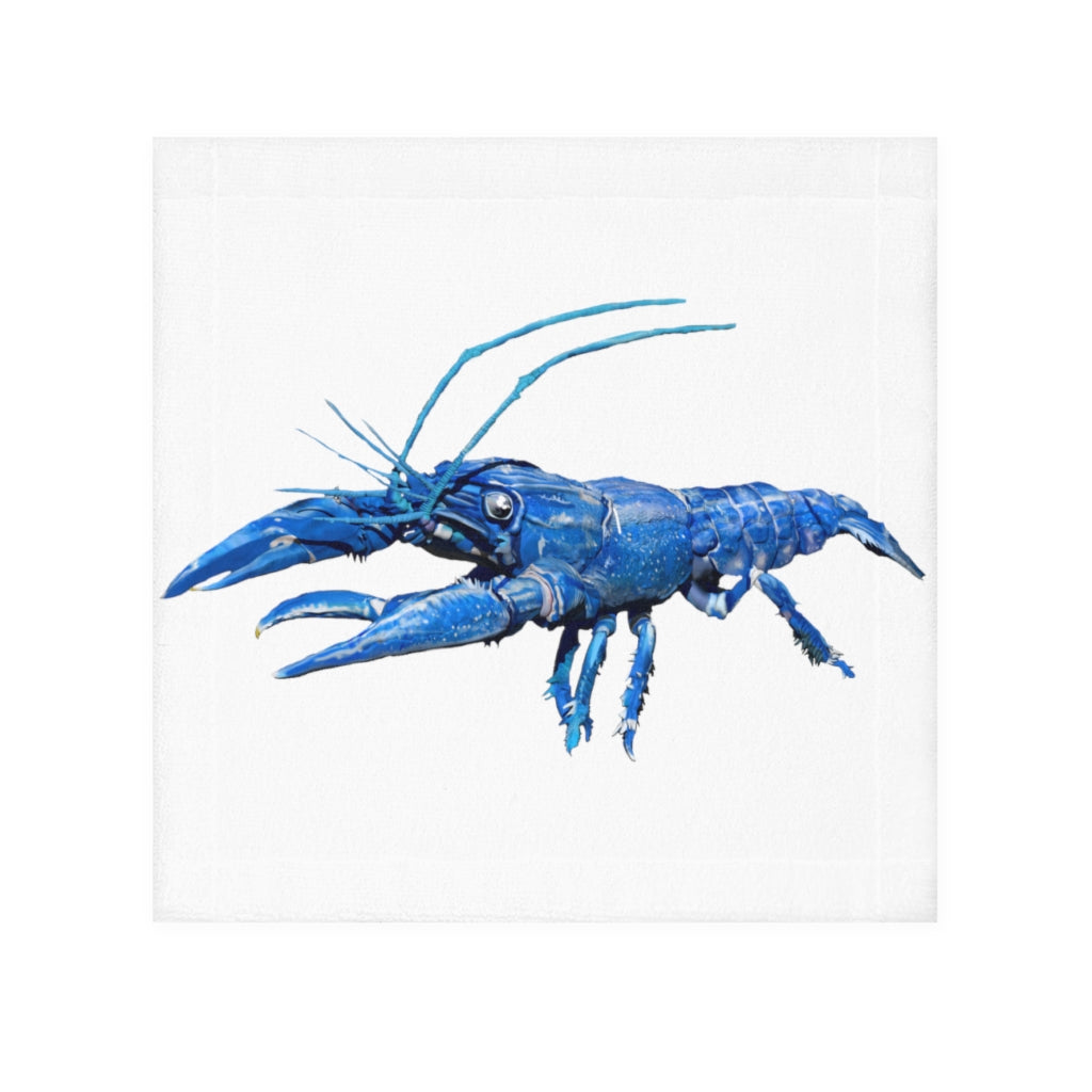 Blue Crawfish Face Towel featuring a vibrant design on a soft polyester front and absorbent cotton back, ideal for personal use or gifting.