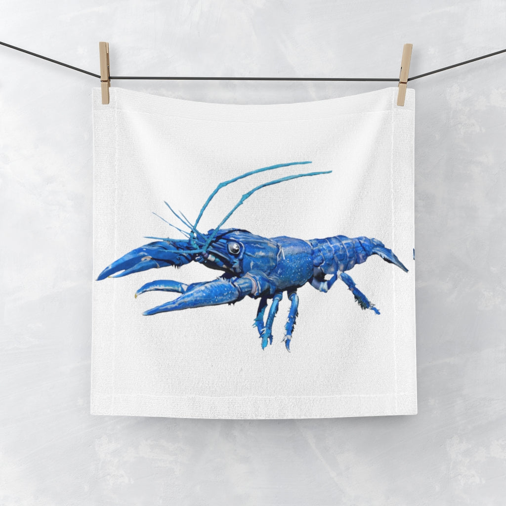 Blue Crawfish Face Towel featuring a vibrant design on a soft polyester front and absorbent cotton back, ideal for personal use or gifting.