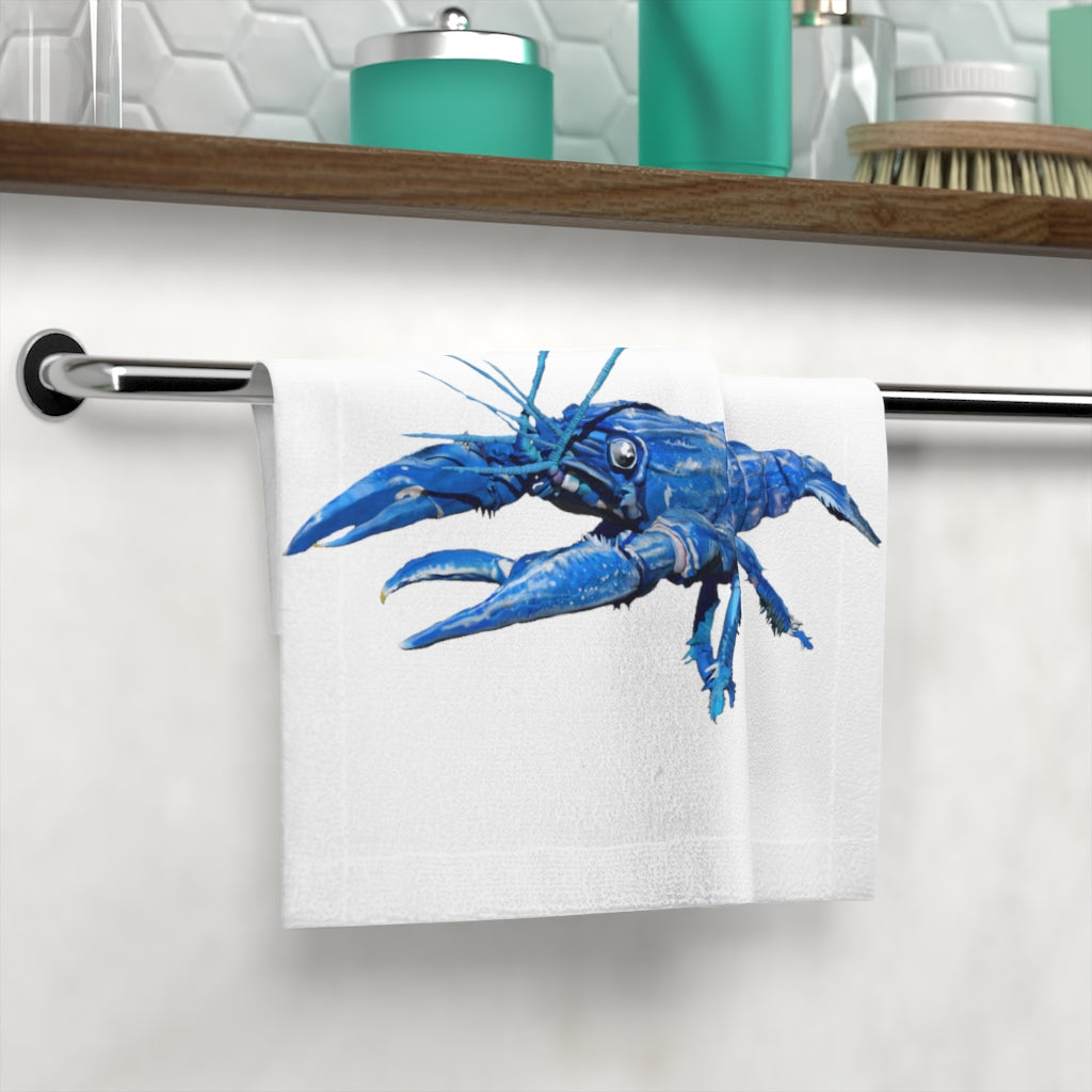 Blue Crawfish Face Towel featuring a vibrant design on a soft polyester front and absorbent cotton back, ideal for personal use or gifting.