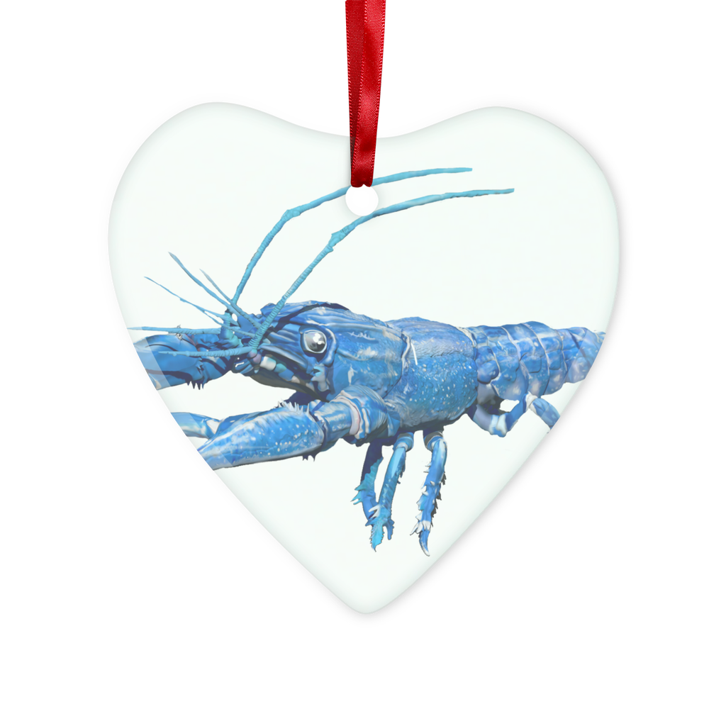 Blue Crawfish Glass Hanging Ornament with red ribbon and gold string, available in round and heart shapes.