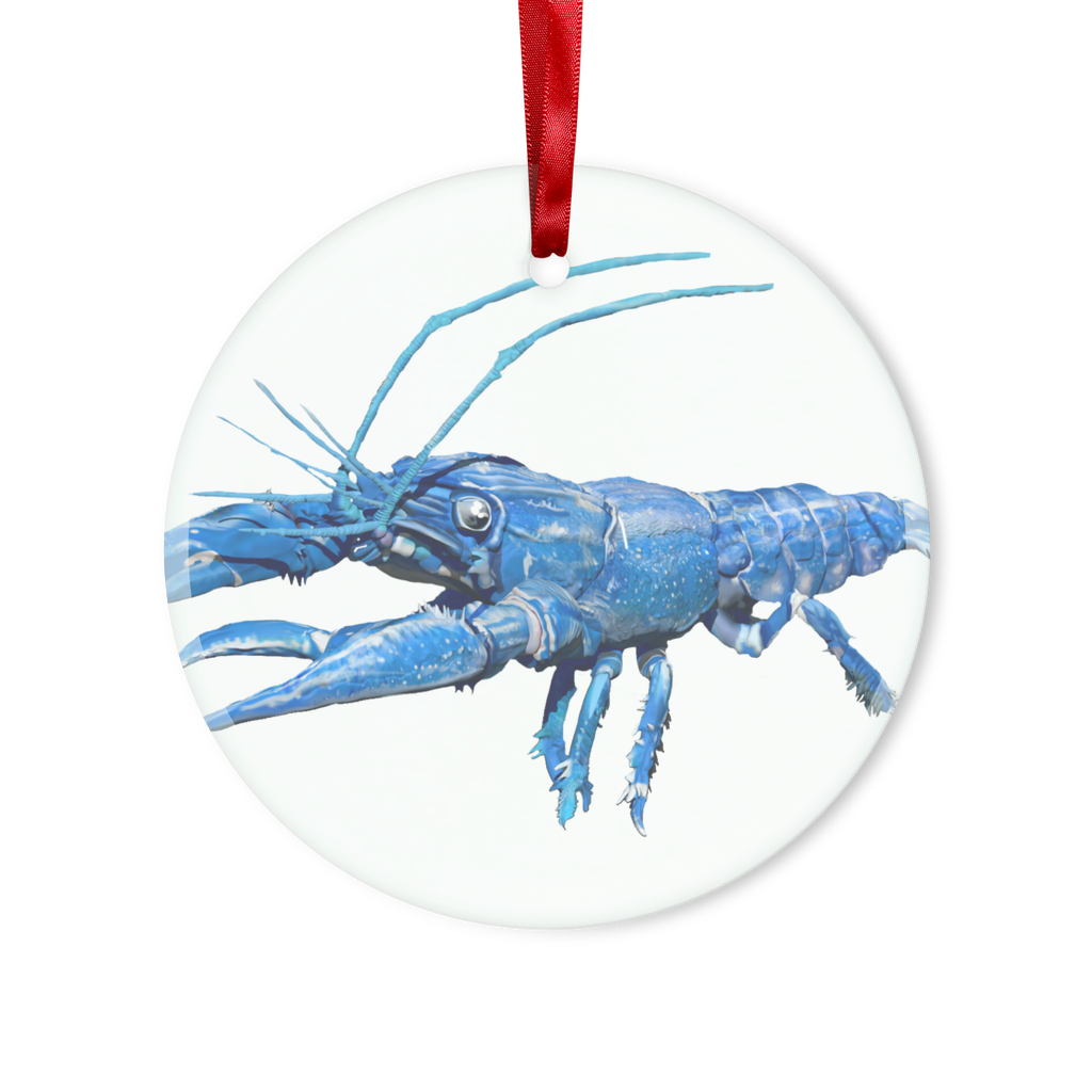 Blue Crawfish Glass Hanging Ornament with red ribbon and gold string, available in round and heart shapes.