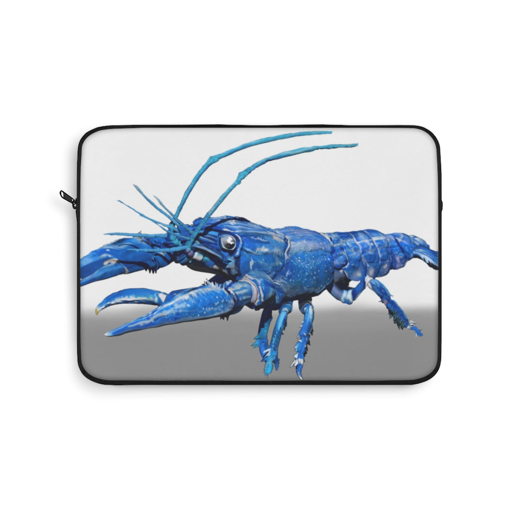 Blue Crawfish Laptop Sleeve featuring a vibrant crawfish design on one side with a black backside and zipper.