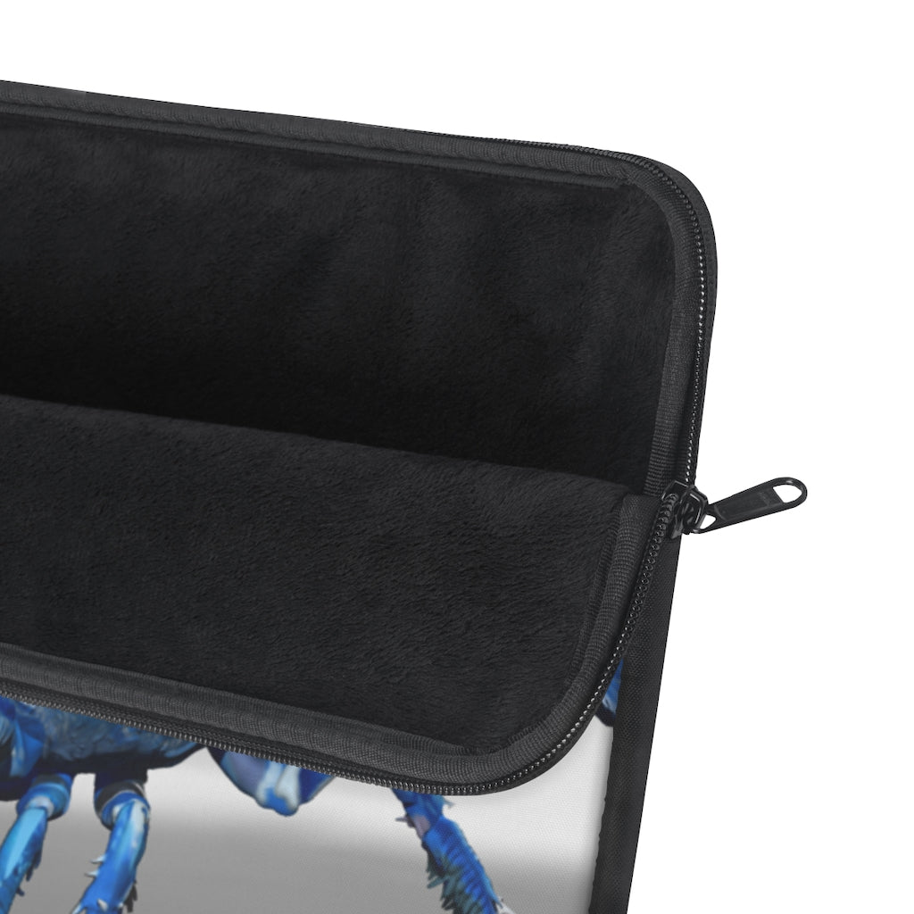 Blue Crawfish Laptop Sleeve featuring a vibrant crawfish design on one side with a black backside and zipper.