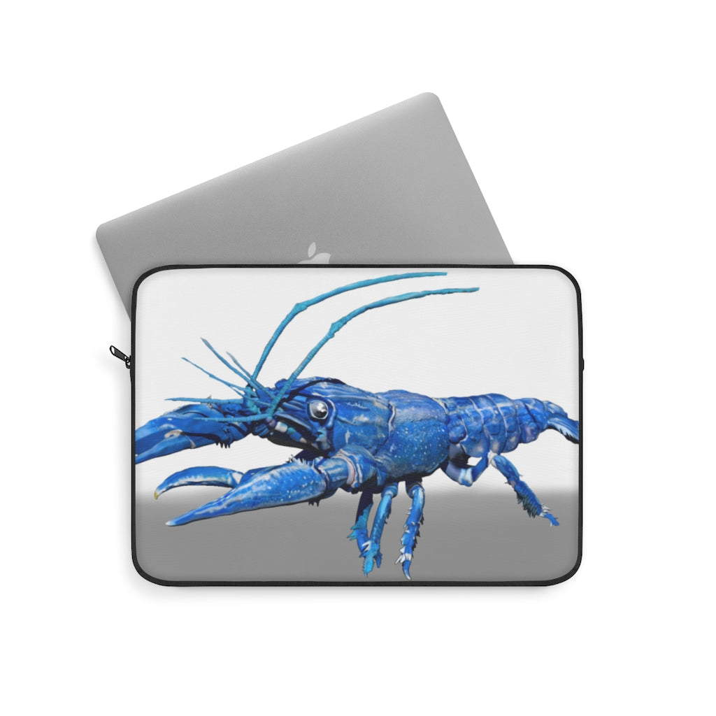 Blue Crawfish Laptop Sleeve featuring a vibrant crawfish design on one side with a black backside and zipper.