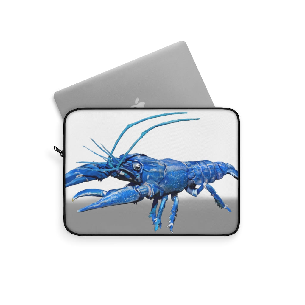 Blue Crawfish Laptop Sleeve featuring a vibrant crawfish design on one side with a black backside and zipper.