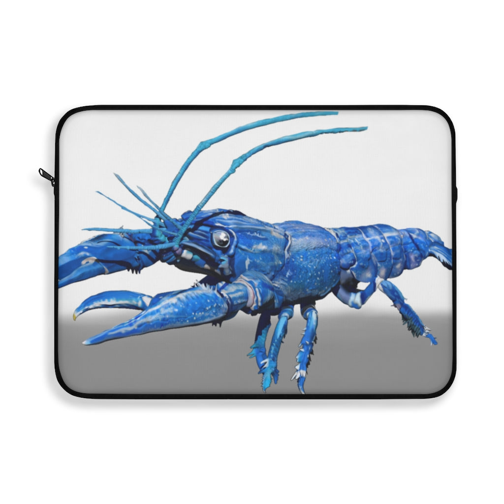 Blue Crawfish Laptop Sleeve featuring a vibrant crawfish design on one side with a black backside and zipper.