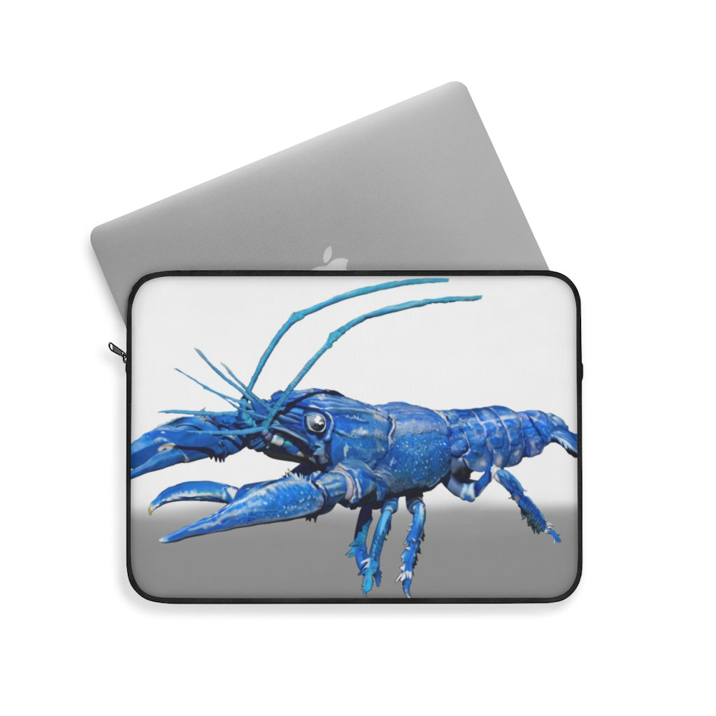 Blue Crawfish Laptop Sleeve featuring a vibrant crawfish design on one side with a black backside and zipper.