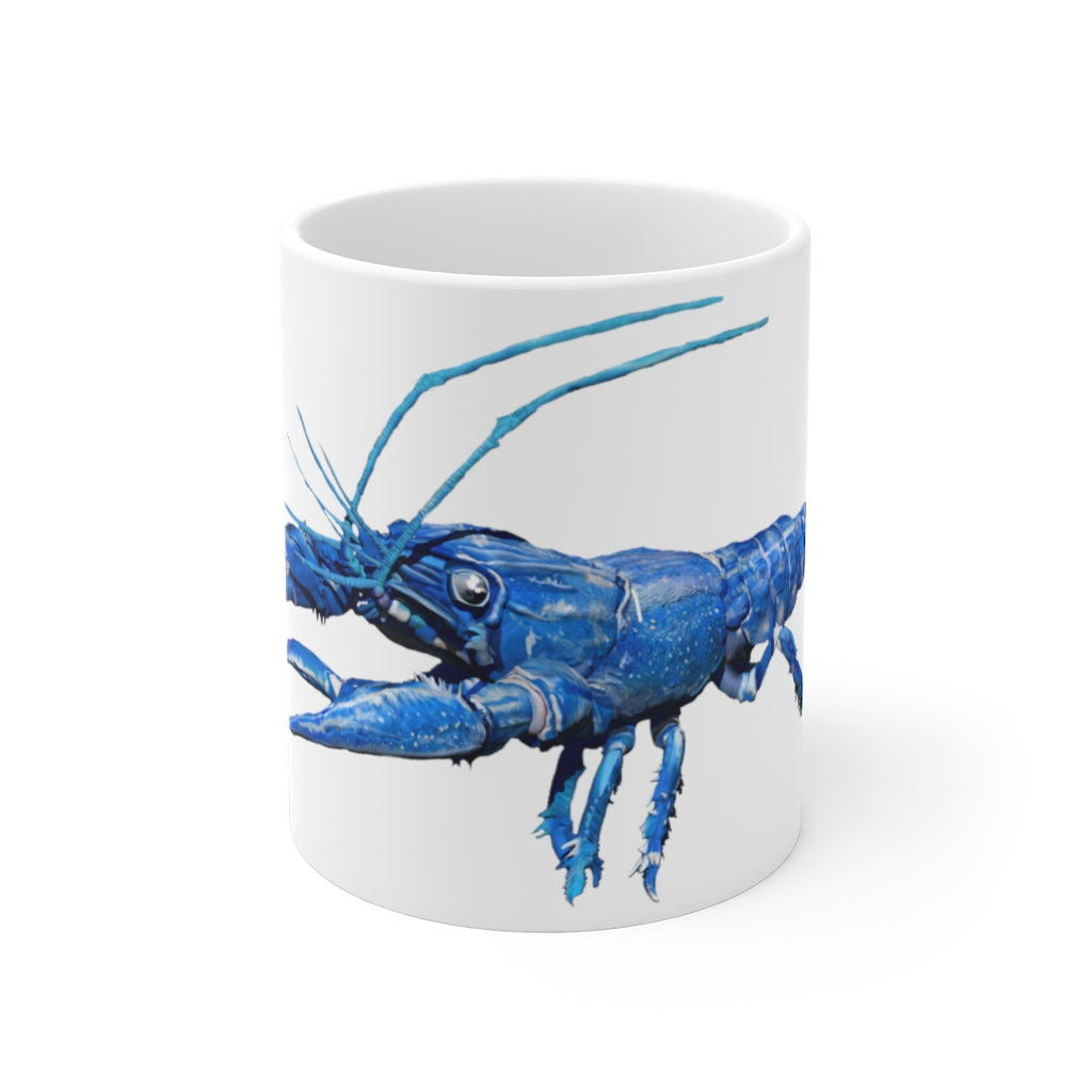 A vibrant blue crawfish mug, 11oz size, featuring a scratch-resistant finish and an easy-grip handle, perfect for daily use.