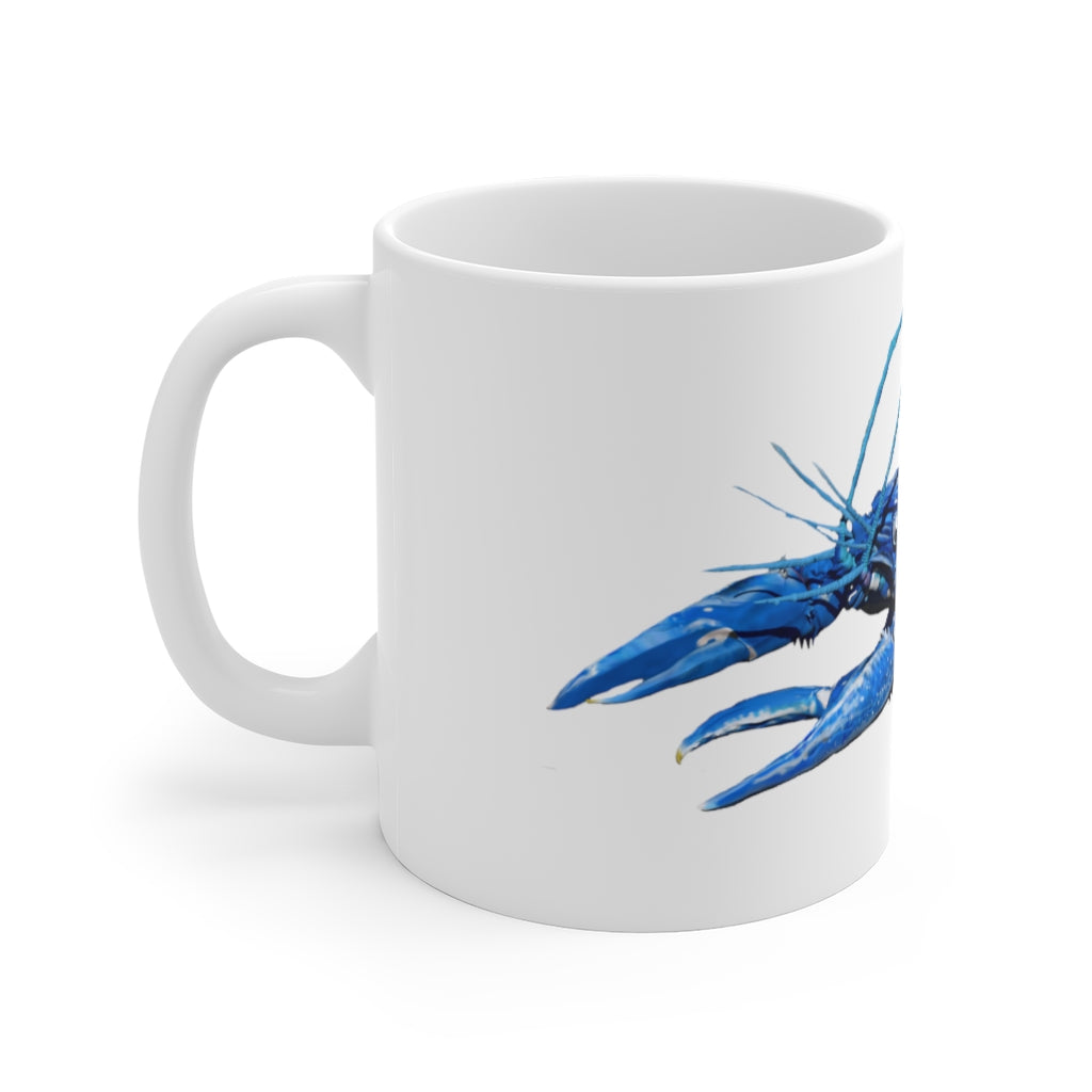 A vibrant blue crawfish mug, 11oz size, featuring a scratch-resistant finish and an easy-grip handle, perfect for daily use.