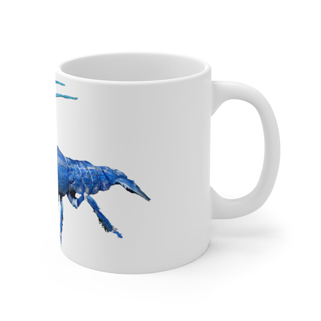 A vibrant blue crawfish mug, 11oz size, featuring a scratch-resistant finish and an easy-grip handle, perfect for daily use.