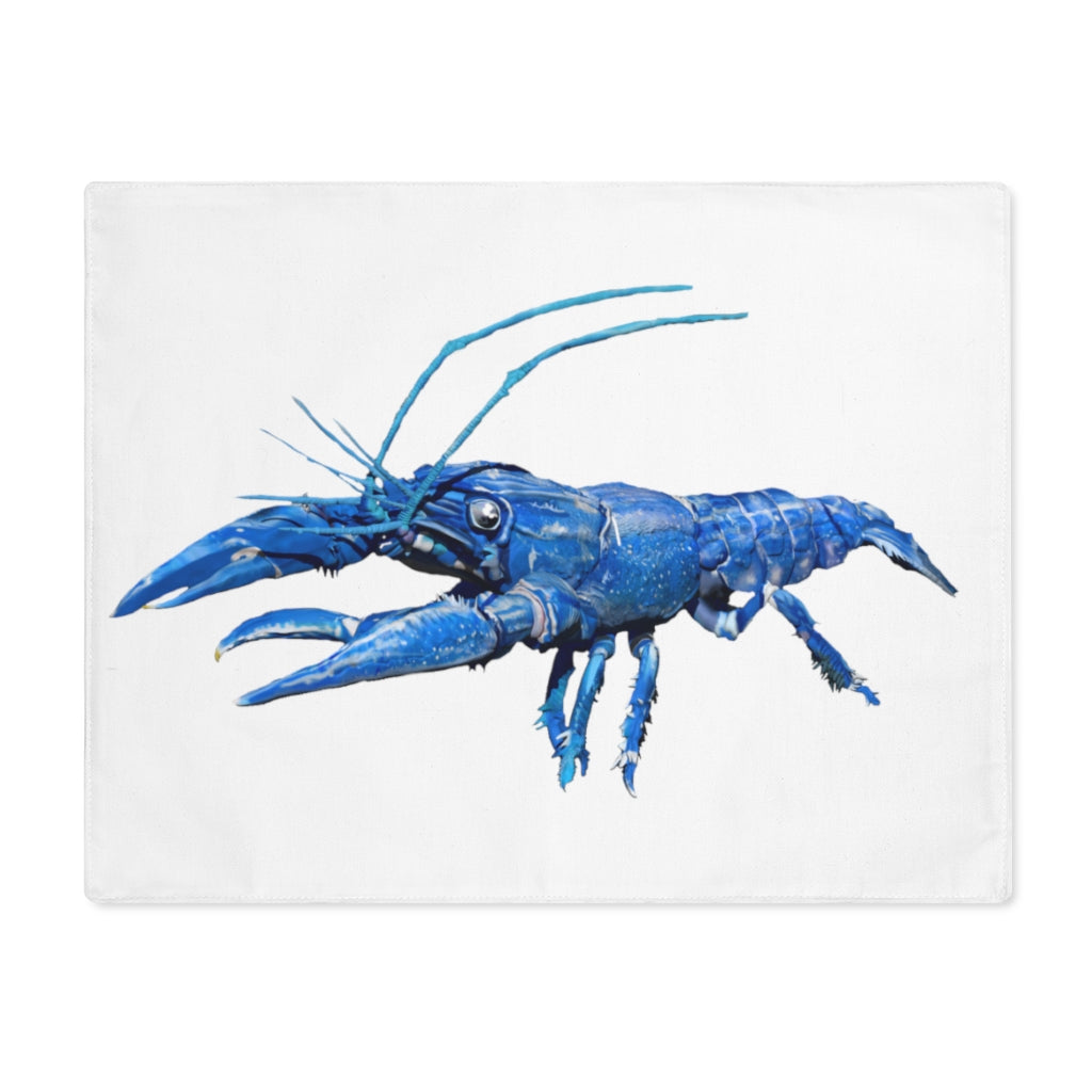 Blue Crawfish Placemat featuring a vibrant crawfish design on one side and a natural back, made from durable cotton.